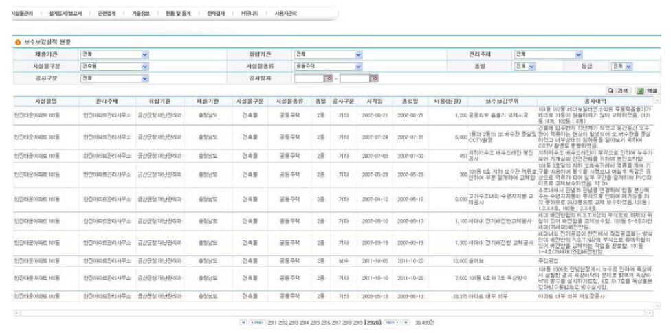 보수보강실적 현황 검색화면