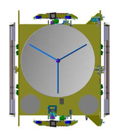 정지궤도복합위성 모델을 이용하여 SBAS용 L 대역 혼 안테나를 탑재한 민관통신방송·SBAS위성 발사형상 (Top View)