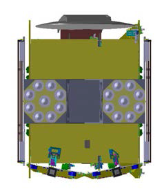 정지궤도복합위성 모델을 이용하여 SBAS용 L 대역 해리컬 안테나를 탑재한 민관통신방송·SBAS위성 발사형상(TopView)