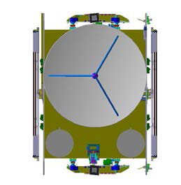 천리안위성 모델을 이용하여 SBAS용 L 대역 혼 안테나를 탑재한 민관통신방송·SBAS위성 발사형상 (Top View)