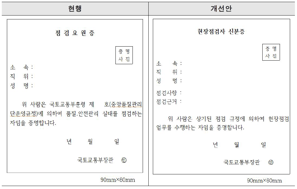 현장점검 요원 증명서 통일안