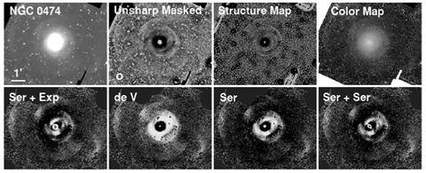 Image analysis of NGC 474. Top (left to right): 3.6 μm image; unsharp masked image; structure map; and color image of 3.6–4.5 μm in histogram equalized stretch.