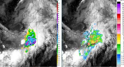 Integration between COMS image and ground-based measurements, such as AWS (left) and radar (right)