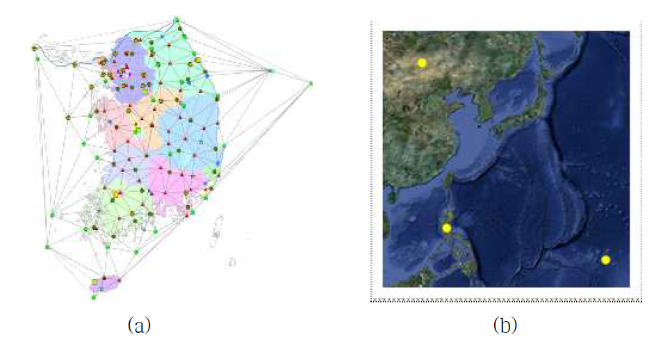 The geographical distribution of KGN (a) and the three GNSS stations outside of Korea (b)