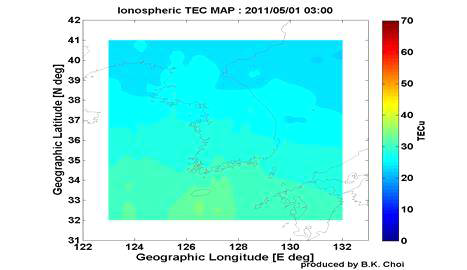 Two-dimensional ionospheric TEC map over Korean Peninsula during geomagnetic storms.