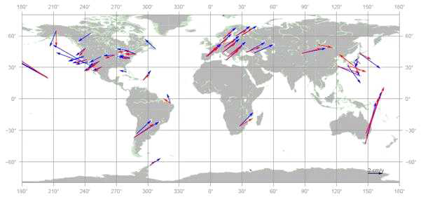 Velocity map of ITRF2008 (blue) and combined TRF (red) by KASI