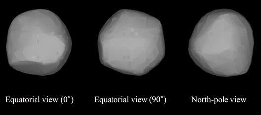 Tentative shape model of 1999 JU3 with aprovisional pole solution, which displays the asteroid from three differentview (Ďurech and Kim 2012, private communication).