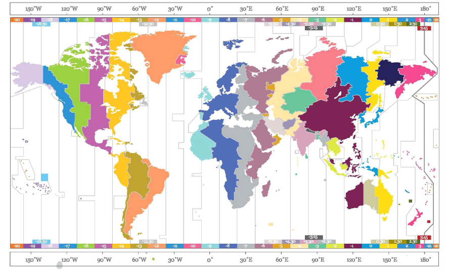 한국표준시를 기준으로 각 국가의 표준시를 나타낸 세계지도.