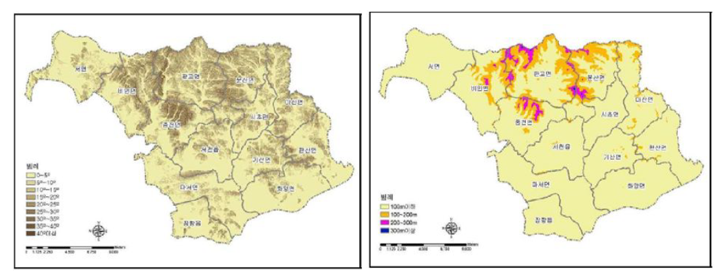 서천군 경사분석도와 고도분석도