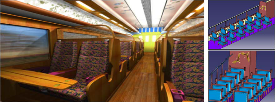 증기기관 관광열차 일반실 객차 실내디자인 복고풍 렌더링(rendering) 컨셉