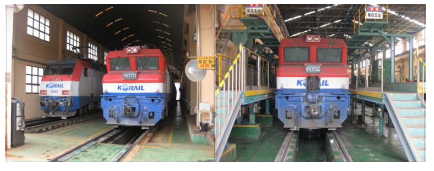 영주 차량정비기지 내 기관차 유치선(左) 및 기관차 검수고(右)