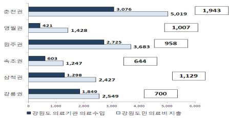 진료권역별 의료비 지출과 의료기관의 의료수입 현황 및 관외 유출 현황