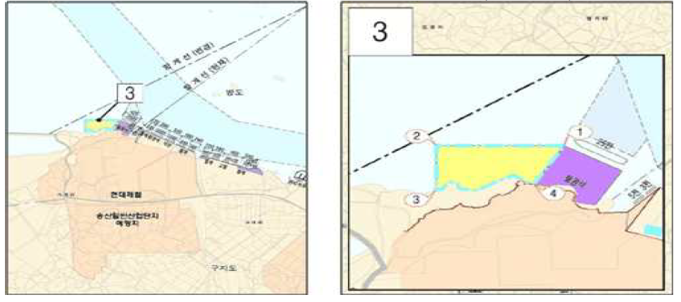 당진측 송산지구 공용부두 개발 가능지역(노란색 면적)