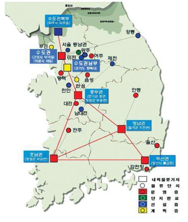 전국 광역권역 내륙물류기지 구축 현황도