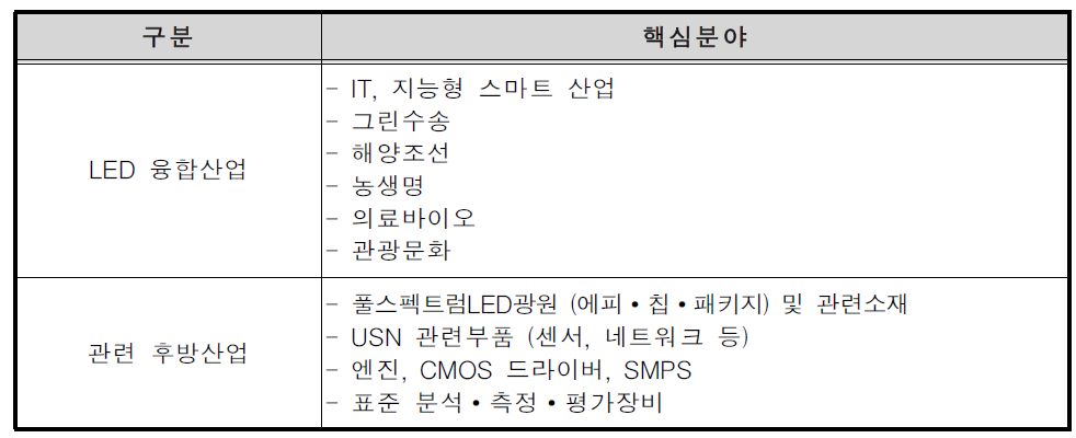 LED융합산업 허브구축 사업의 핵심분야와 관련산업