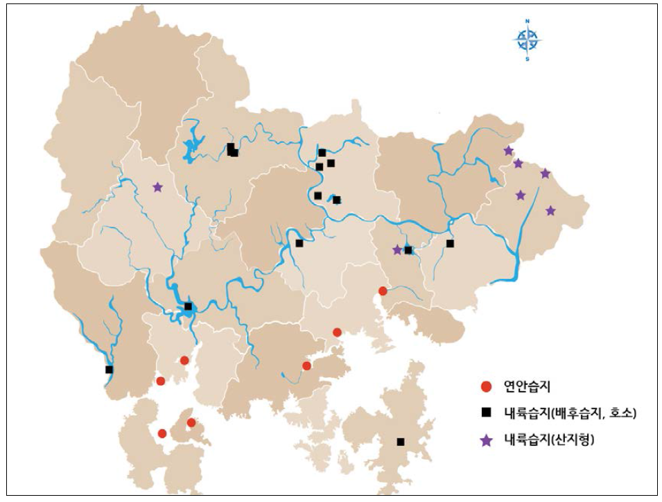 경상남도 내 주요습지 분포도