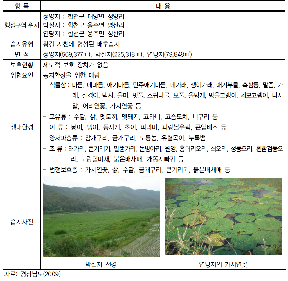 정양지/박실지/연당지 주요현황