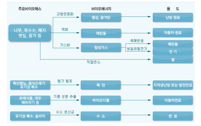 주요 바이오매스 에너지의 종류 및 용도