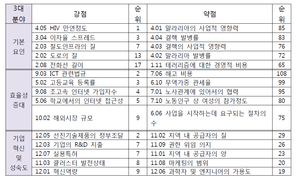 세부 평가항목별 강약점 및 순위