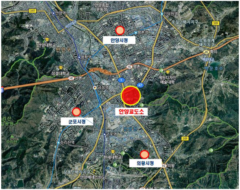 안양․ 의왕․ 군포시 외곽지역에 입지한 현 교정시설 위치도