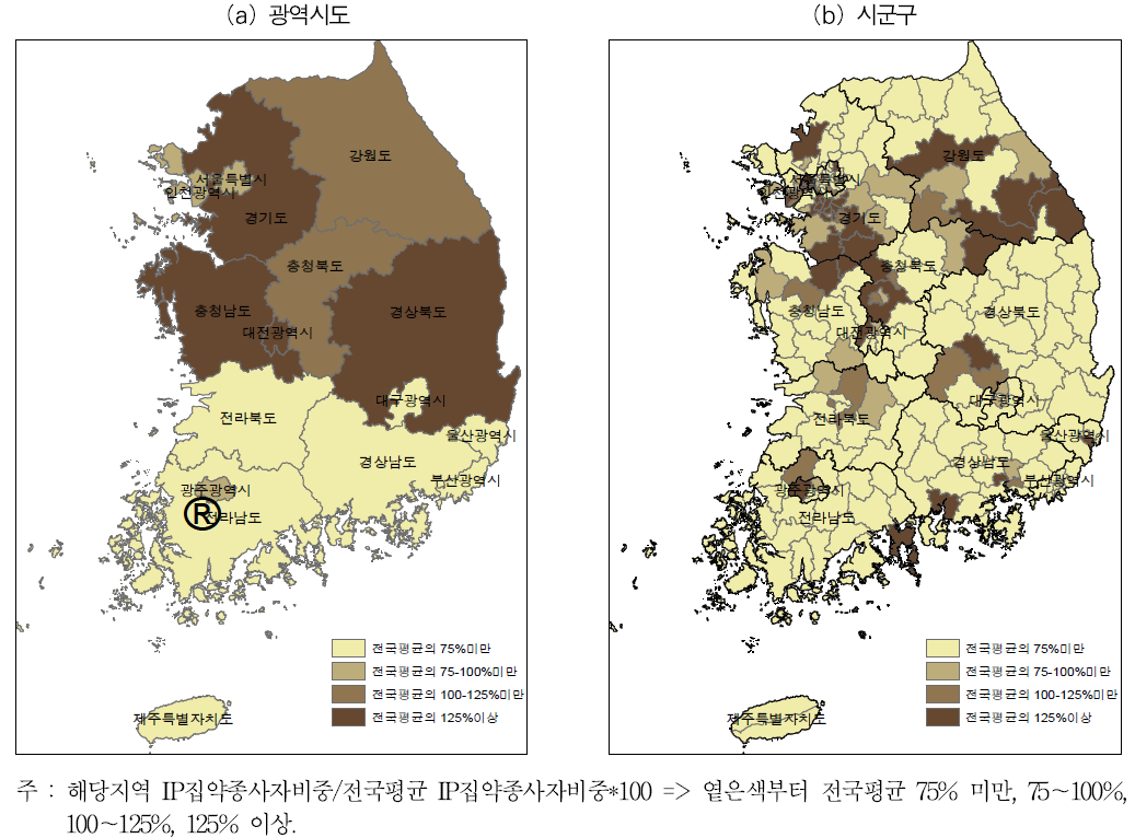 특허권 집약산업의 지역분포