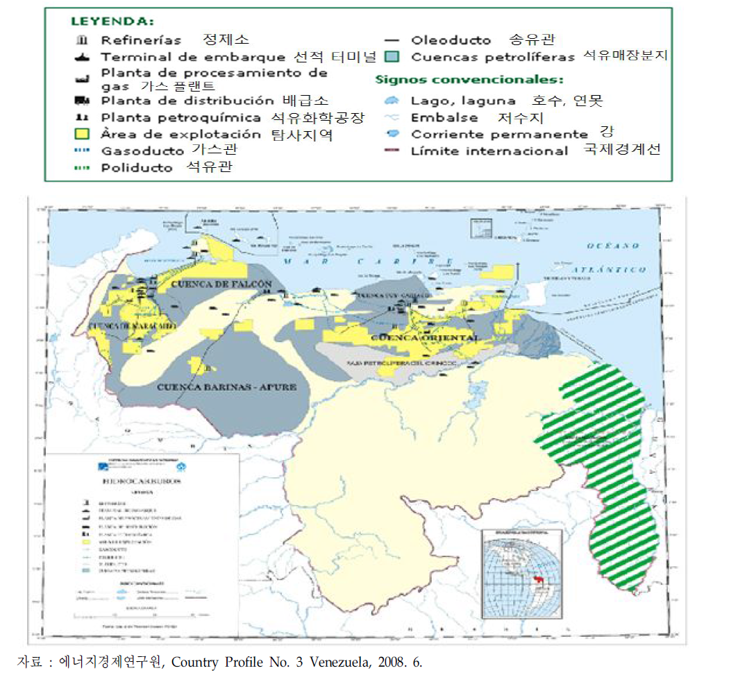 베네수엘라의 주요 부존자원 및 시설 분포도