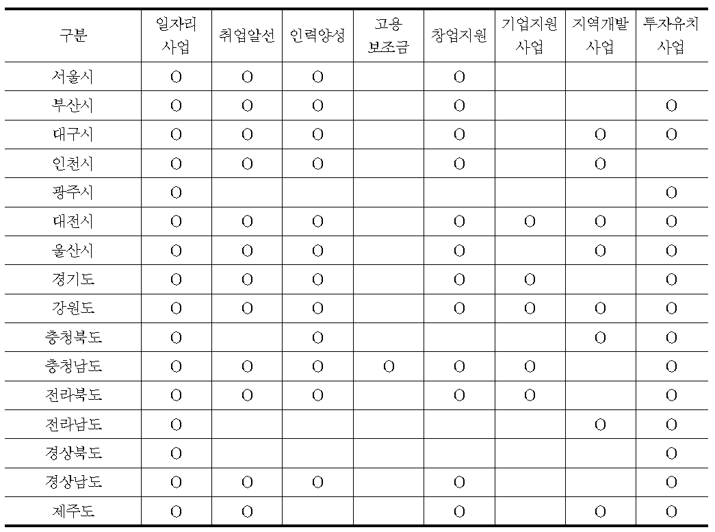 지자체별 일자리 창출 사업 포함 범위의 차이(대분류 기준)