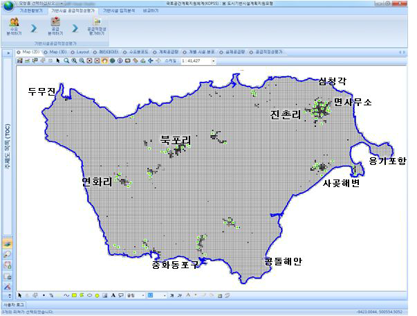 대피시설의 분포 및 수요분포도