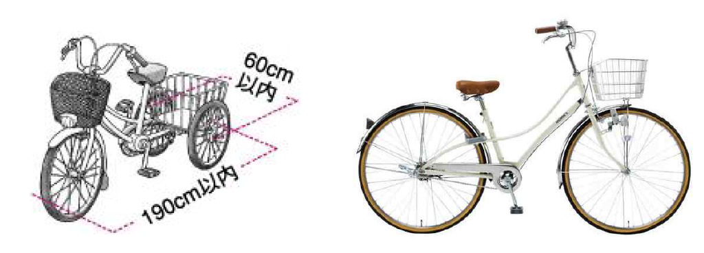 보통자전거의 크기(좌측) 제한 및 보통자전거의 예(우측)