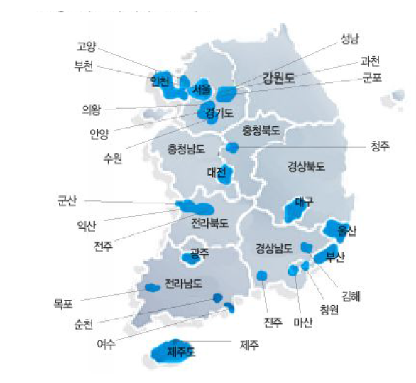 평준화 실시 지역 분포 지도