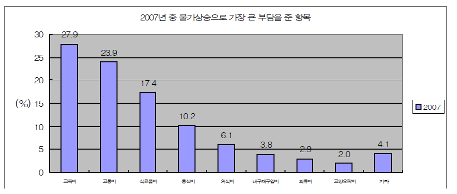 2007년 중 물가상승으로 가장 큰 부담을 준 항목