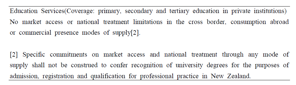 뉴질랜드측 교육서비스 양허내용