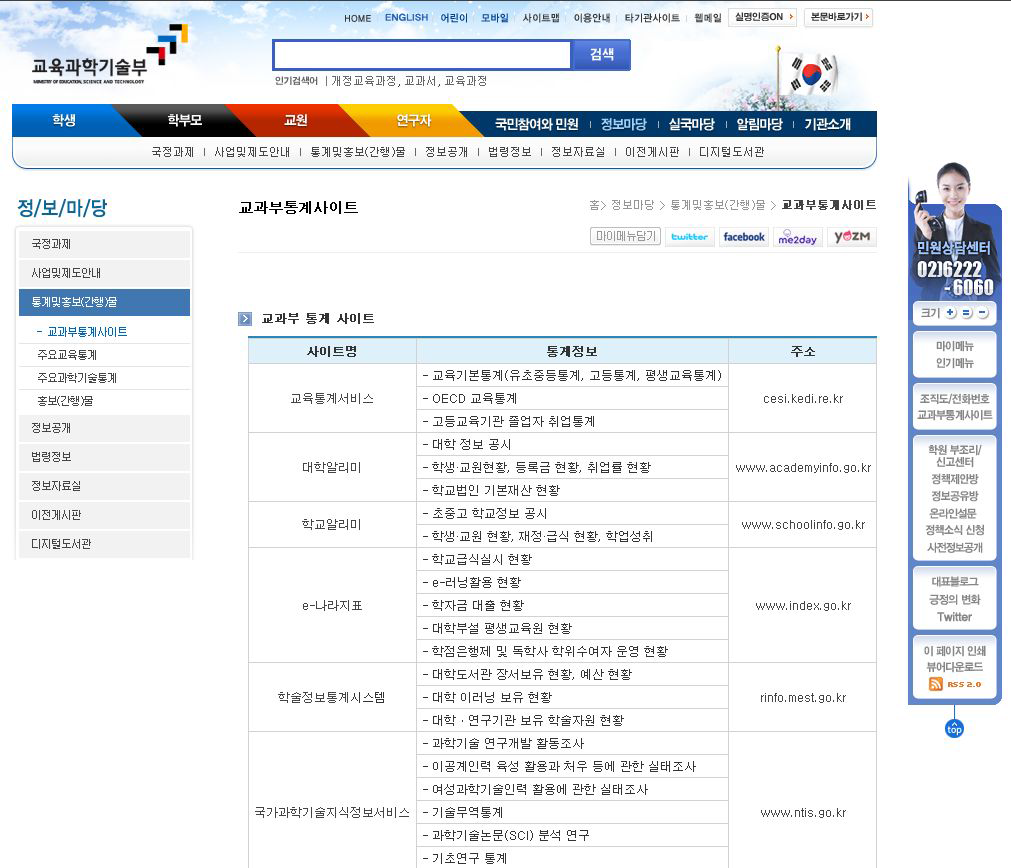 교육과학기술부 홈페이지내의 교과부 통계사이트 서비스