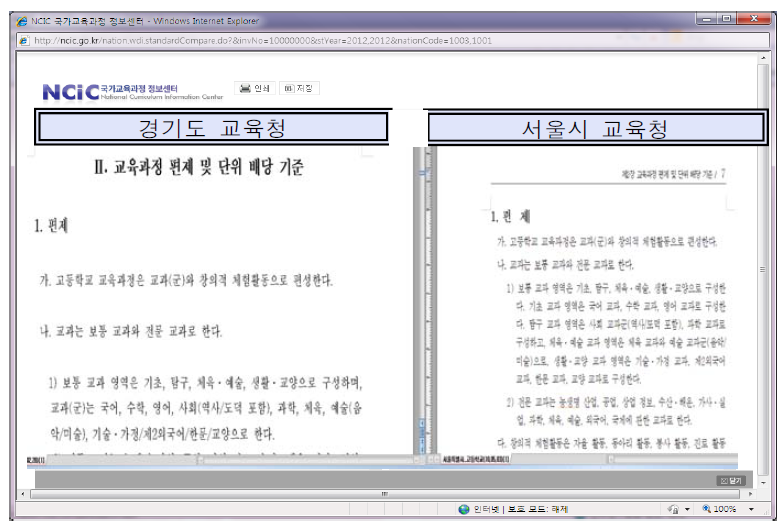 시도 교육청 간 교육과정 편성운영 지침 비교 예시 화면