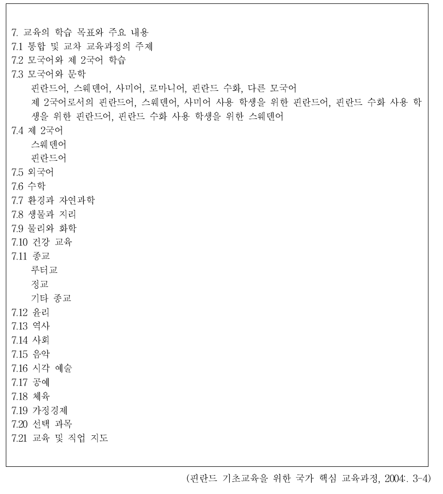 핀란드 기초교육을 위한 국가 핵심 교육과정 중 교과 교육과정