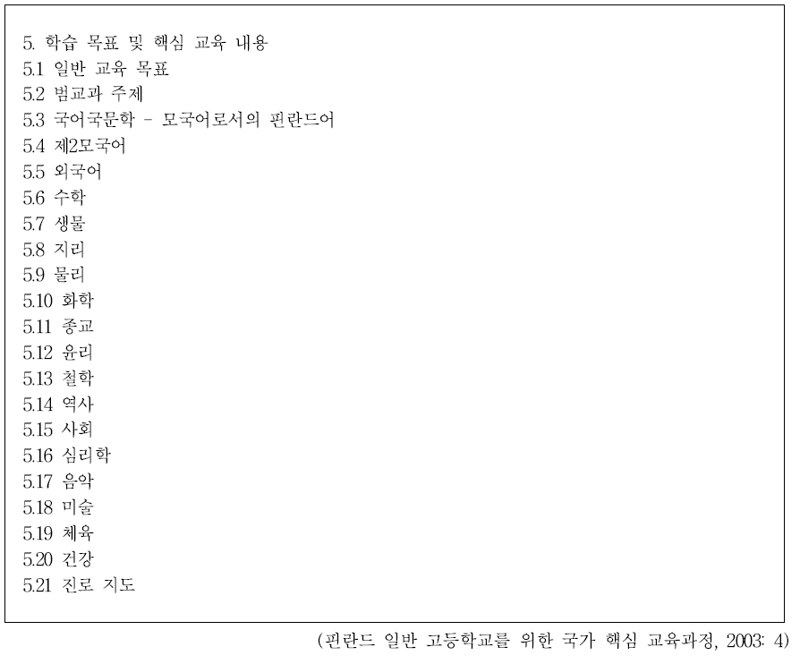 핀란드 일반 고등학교를 위한 국가 핵심 교육과정 중 교과 교육과정