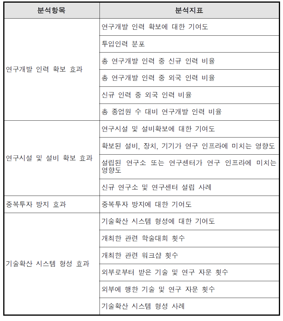 연구개발 투입기반 형성 효과의 분석항목 및 분석지표