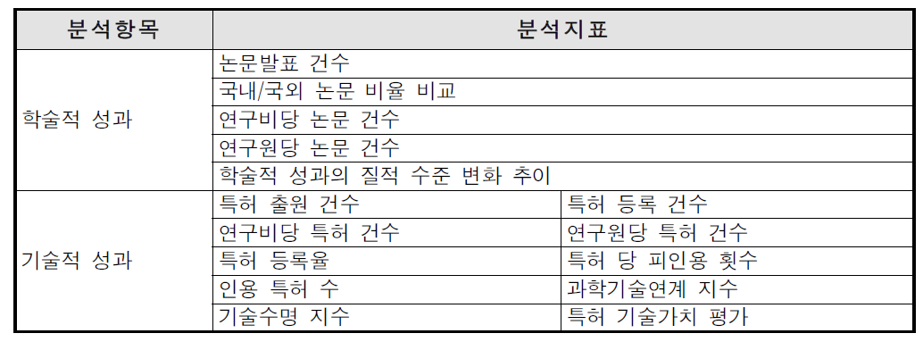 연구개발 지식기반 형성 효과의 분석항목 및 분석지표