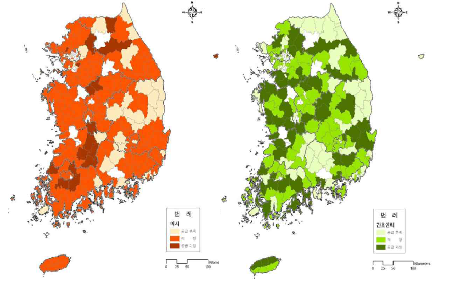 국내 의사(왼쪽) 및 간호사(오른쪽) 분포의 지역간 격차