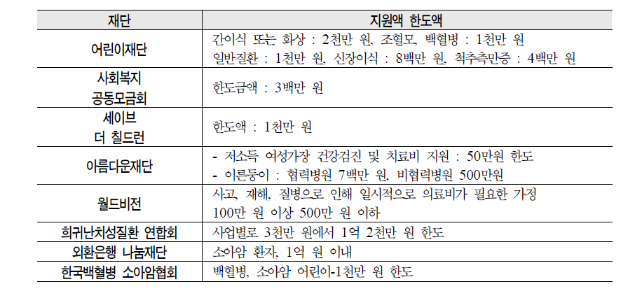 재단법인의 의료비 지원 사업 한도액 (예)