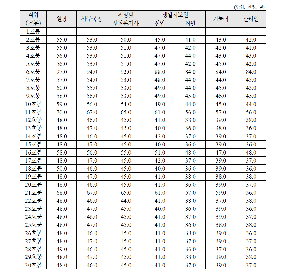 2009년 사회복지생활시설 종사자 급여 기준(호봉간 차이)