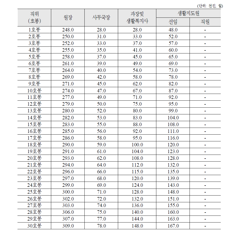 2009년 사회복지생활시설 종사자 급여 기준(직급간 차이)