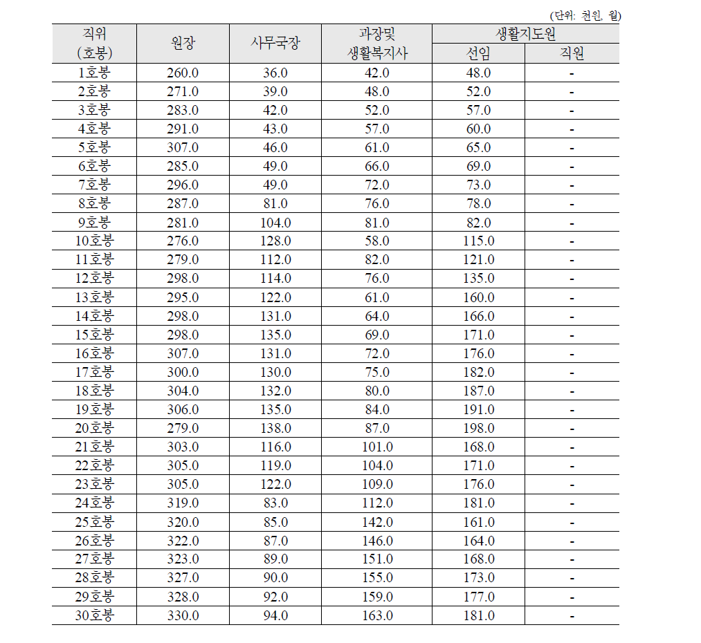 2010년 사회복지생활시설 종사자 급여 기준(급간 차이)