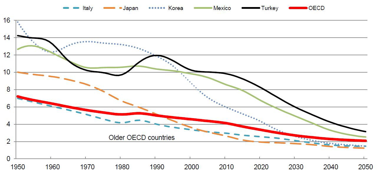 OECD 국가의 노인부양비 추이