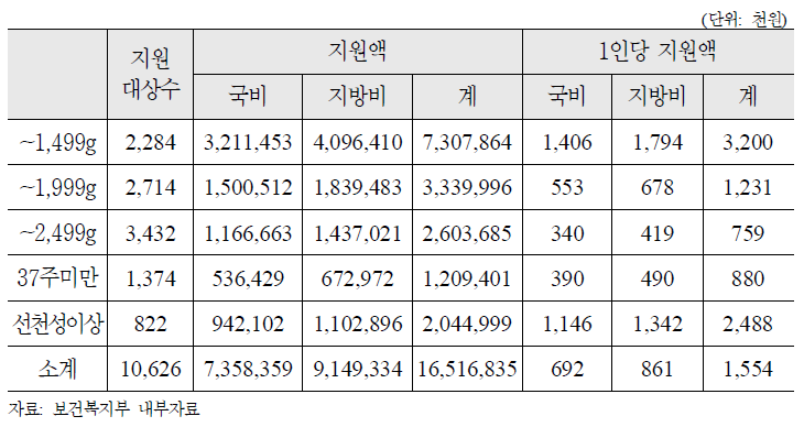 미숙아 및 선천성이상아 의료비 지원 사업실적(2011)