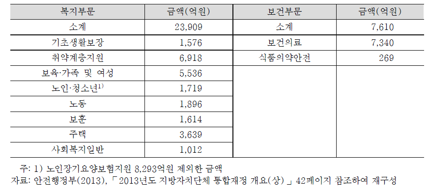 2013년 예산 지방자체복지(보건)사업 부문별 예산