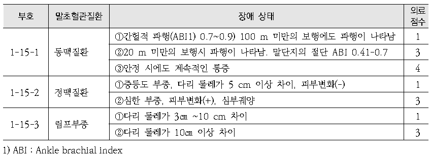 하지 말초혈관장애 의료점수 평가기준