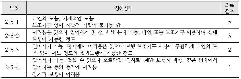 자세와 보행 장애 의료점수 평가기준