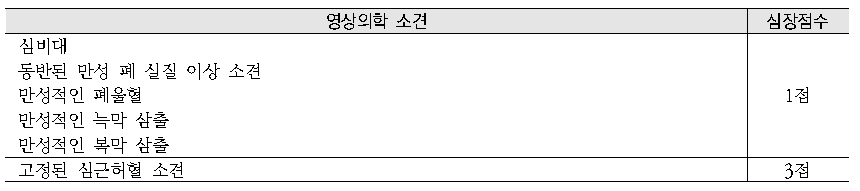 영상의학 소견(CT, MRI 혹은 방사선 동위원소 검사 소견 포함) 점수표