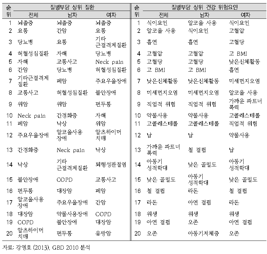 한국인의 질병부담(DALYs) 20대 질환과 위험요인, 2010년